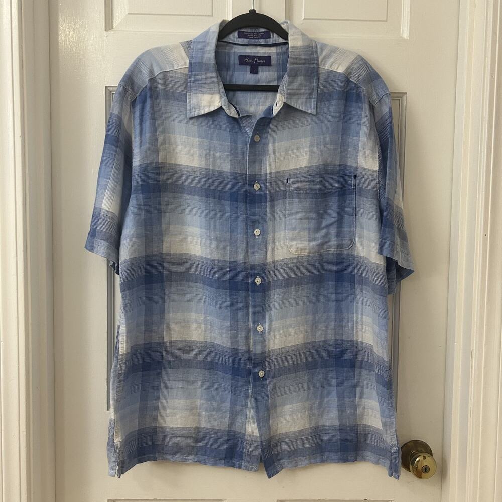Alan Flusser Linen Cotton Dress Shirt Sz L Lightweight Blue‎ Plaid Short Sleeve